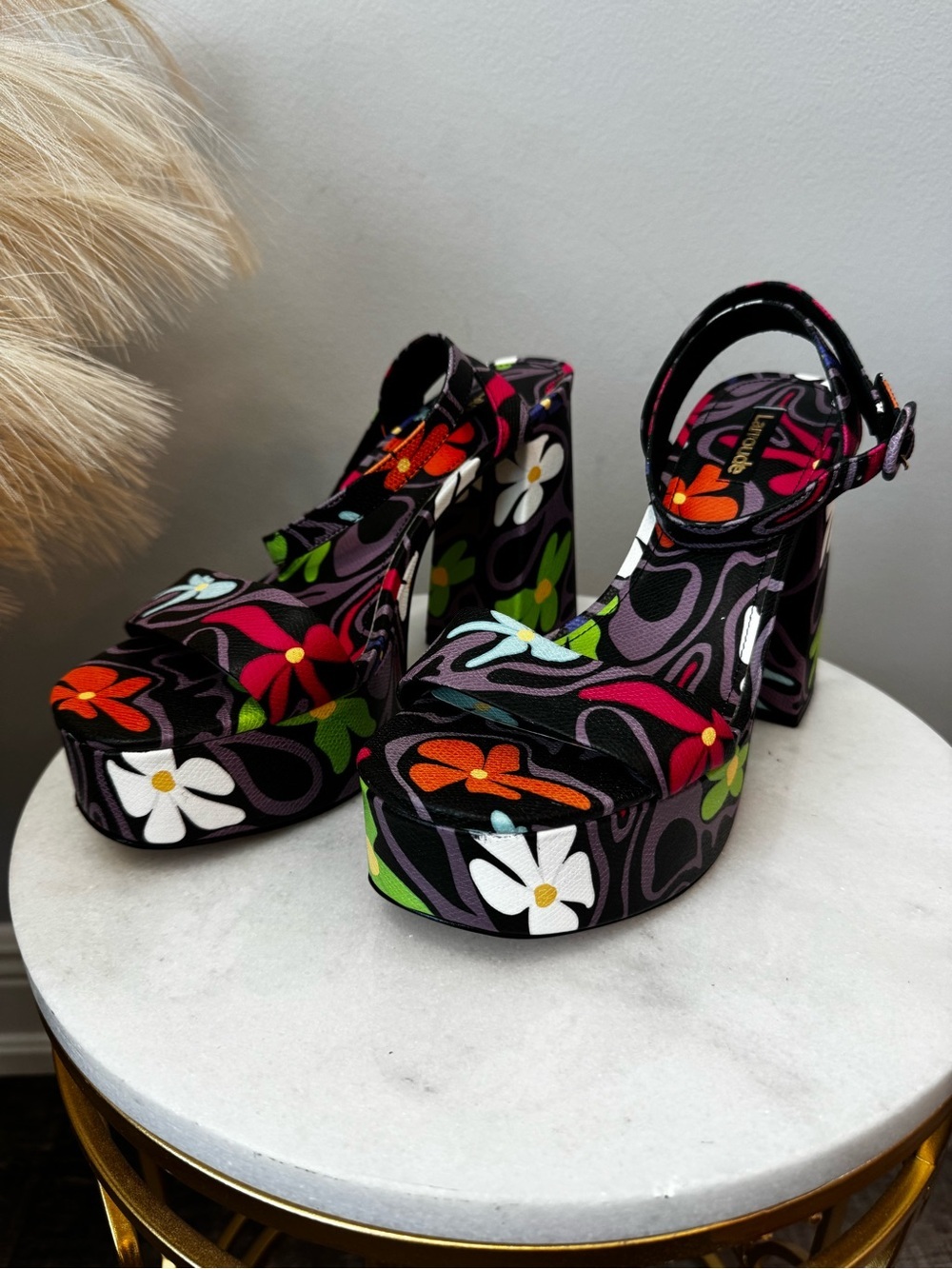 Larroude Black Floral Platform Heel Sandals Sz 9